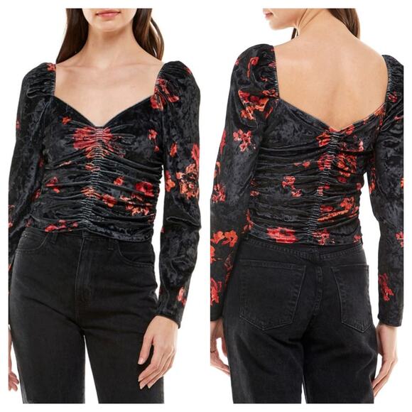 WAYF Closing Time Black Floral Ruched Velvet Top Small NWOT - Picture 7 of 7